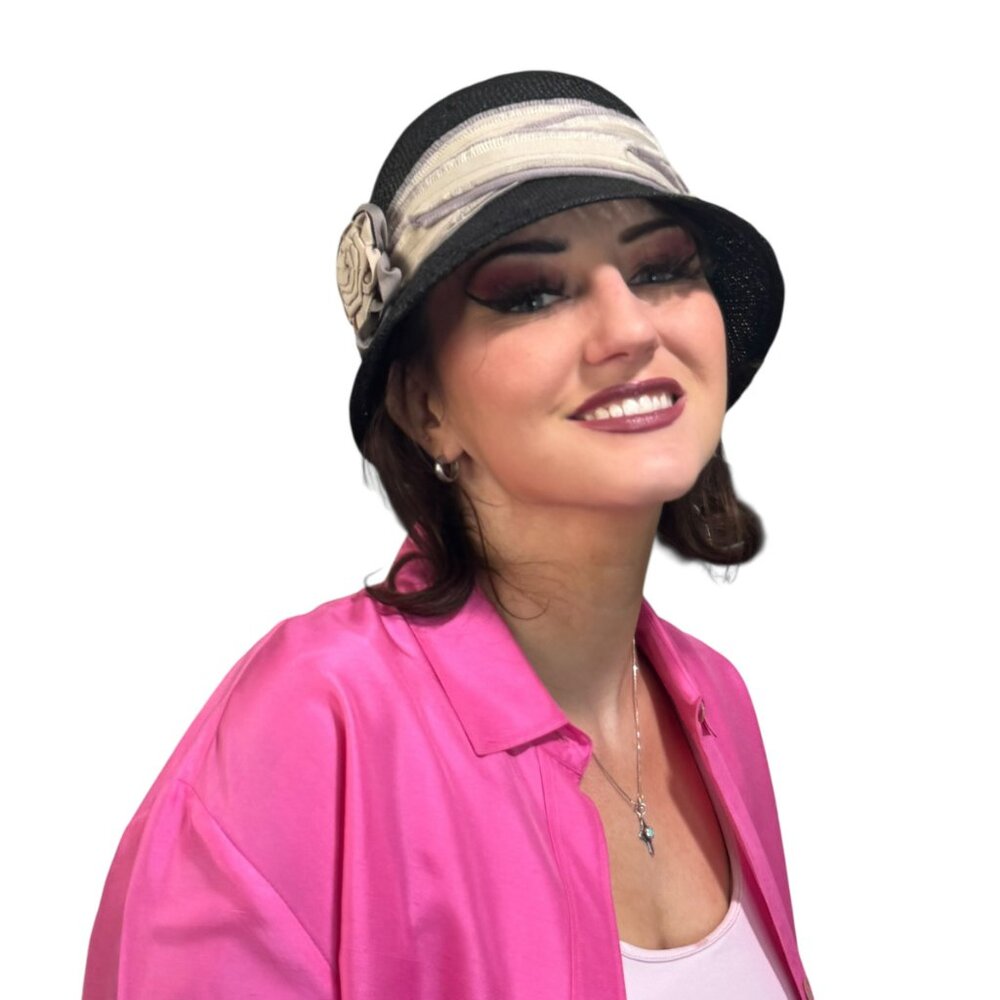 Christys Crown Series Tony Merenda Ribbon Rosette Straw Bucket Cloche Hat Black